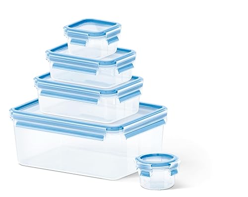 Tefal Masterseal, Set de 5 piezas, Herméticos de plástico, 0,15/0,25/0,55/1/3,70 L, Envase para alimentos, Rectangular, Az...