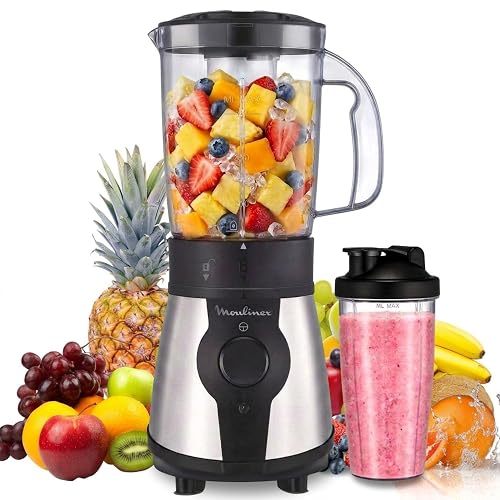 Moulinex Blend & Go, Batidora de vaso de 300 W, Jarra de 1,3 L, Compacta, 4 cuchillas extraíbles, Acabado acero inoxidabl...