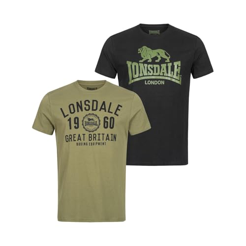 Lonsdale Hombre Bangor Double Pack Camiseta, Black/Olive, Large