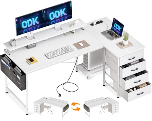 ODK Escritorio Esquinero con 4 Cajones de Tela, 160x80cm Escritorio en L Reversible con 2 Puertos de Carga USB y 2 Enchufes…