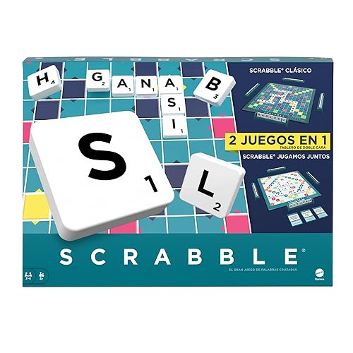 Mattel Games Scrabble 2 Juegos en 1 , juego de mesa familiar, palabras cruzadas, incluye tablero con 2 caras, 50 tarjetas ...