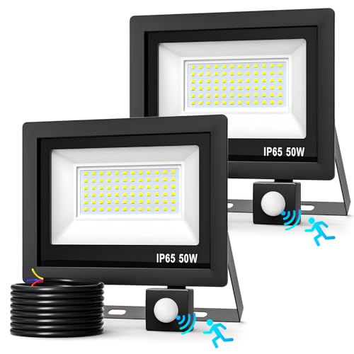 50W Focos LED Exterior con Sensor de Movimiento, [2 Piezas] Focos Led Exterior, IP65 Impermeable Foco Proyector LED Exterio…