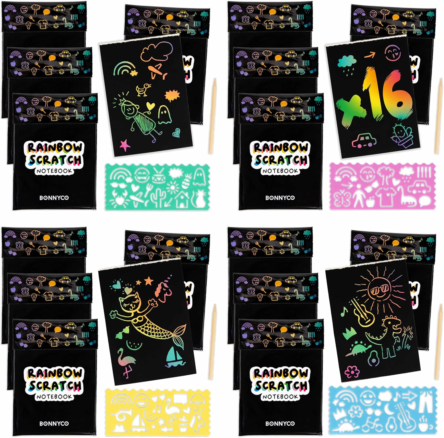 BONNYCO Cuadernos para Rascar Rainbow Scratch Art Niños, 16 Sets de Libreta, Plantilla y Lápiz de Madera. Regalos Cumpleaños Niños Colegio, Detalles Alumnos 3 a 12 Años