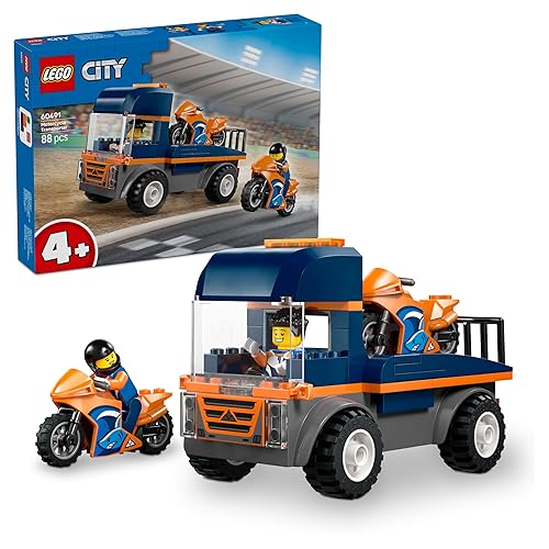 LEGO City Camión de Transporte de Motos - Juguete para la Motricidad Fina con Camión Plataforma, 2 Motos, 2 Minifiguras, R...